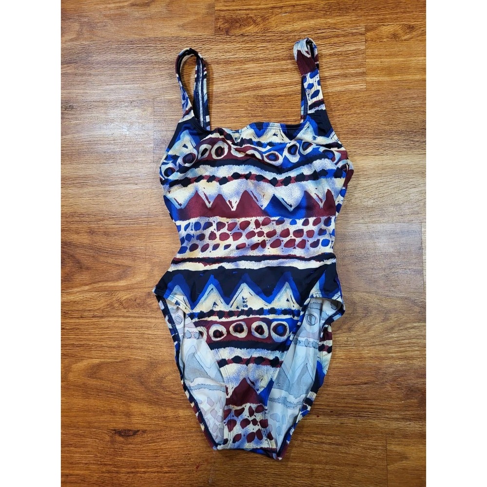 Vintage‎ 90s Baja Blue Geometric One Piece Bathingsuit Size 8
